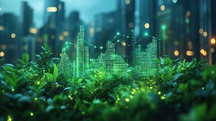 illustration of green buildings with a rising stock graph symbolizing green bonds and sustainable investing