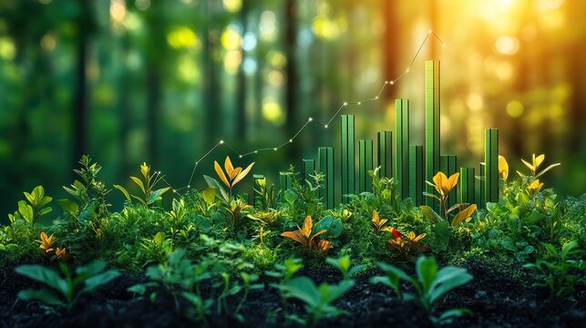 illustration of green buildings with a rising stock graph symbolizing green bonds and sustainable investing