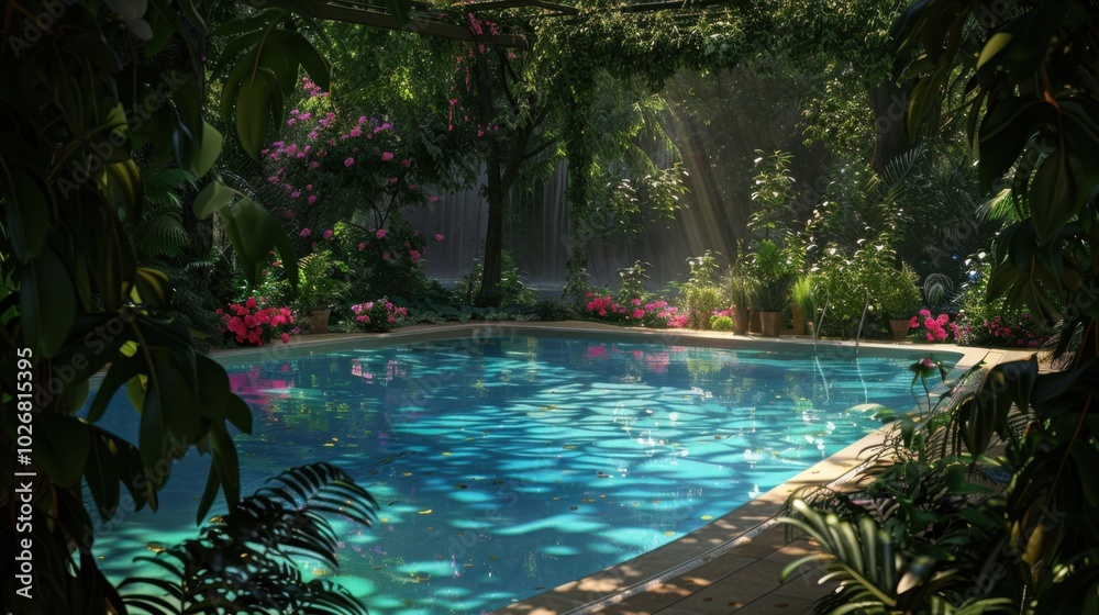 Poster Serene Garden Pool Surrounded by Lush Greenery