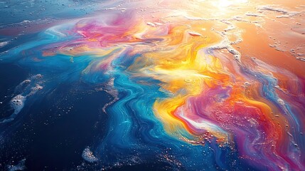 oil spill on ocean surface creating a rainbow sheen representing environmental pollution