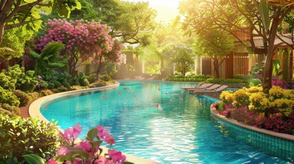 Tranquil Oasis with Lush Greenery and Clear Water