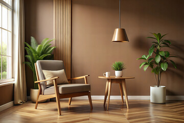 Modern brown living room with chair and a table.
