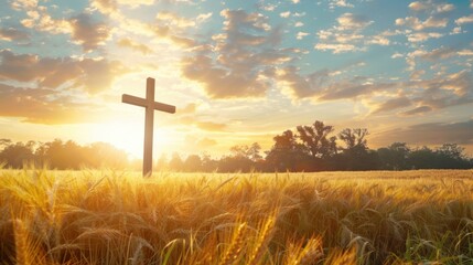 Scenic Sunset Over Wheat Field with Wooden Cross