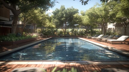 Serene Swimming Pool Surrounded by Lush Greenery
