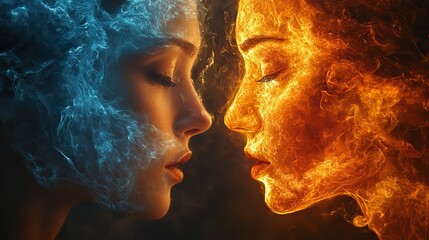 two ethereal faces one fiery and one celestial symbolize the spiritual bond created through deep meditation