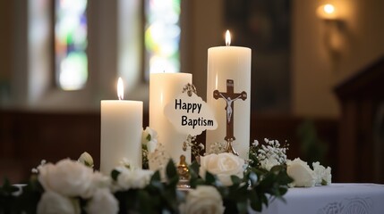 Celebratory banner: Happy Baptism greeting, heartfelt wishes, blessings on special occasion, sacred milestone with joy, reverence for newly baptized, highlighting a cherished momen