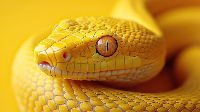 yellow snake on a yellow background symbolizing python programming language with ample copy space