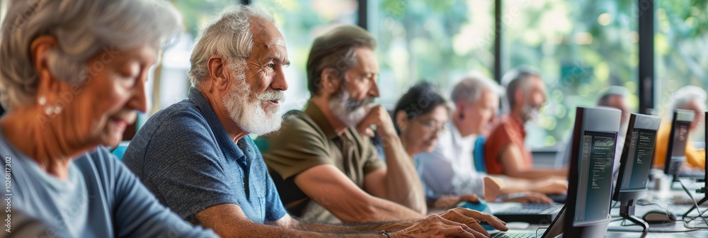 Leinwandbilder a group of elderly participants is actively learning computer skills, focused on their laptops and d