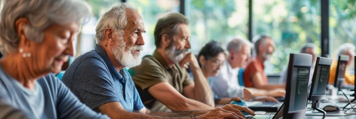 A group of elderly participants is actively learning computer skills, focused on their laptops and desktops in a bright classroom setting. Generative AI