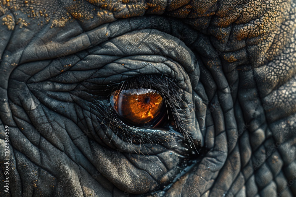 Poster The photograph captures the mesmerizing depth of an elephant's eye, showcasing the unique texture of its skin and the warmth of its gaze. Generative AI