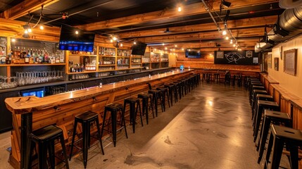 Rustic Bar Interior with Wooden Counter and Black Stools