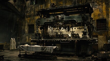 A Large, Abandoned Industrial Machine in a Dimly Lit, Rundown Factory