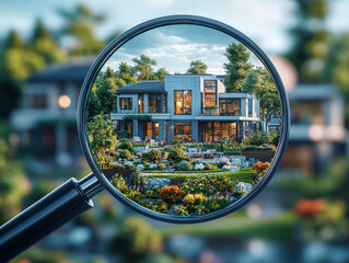 A modern home surrounded by vibrant gardens, viewed through a magnifying glass, showcasing the intricate landscaping and contemporary design. Real Estate Concept