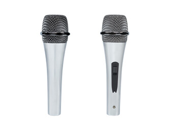 Two silver dynamic microphones with clipping paths, isolated on white background