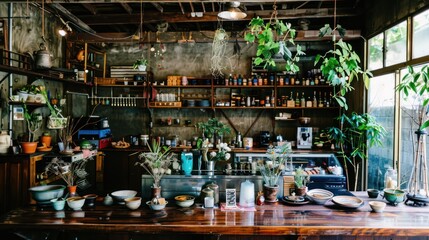 Rustic Cafe Interior with Wooden Countertop and Greenery