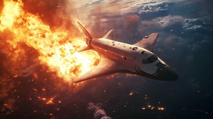 Spacecraft engulfed in flames during re-entry.