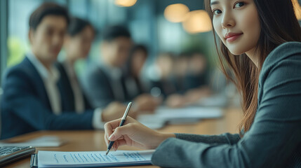 Business team taking notes during a meeting in a conference room, focus on handwriting with a pen close up