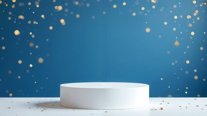 Minimalist white cylindrical podium for cosmetics display against blue background with falling golden sparkles elegant, luxurious, and festive design