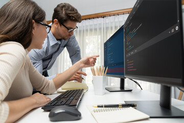 Team skilled developers program thinking newest coding creative website planning software project...