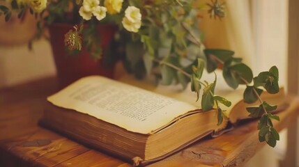 Open Book with Flowers and Green Leaves on Wooden Table