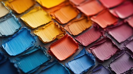 Fototapeta premium A vibrant and modern color palette featuring a harmonious mix of warm and cool tones. This palette includes shades of bright reds, soft blues, deep greens, and neutral grays, making it ideal for graph