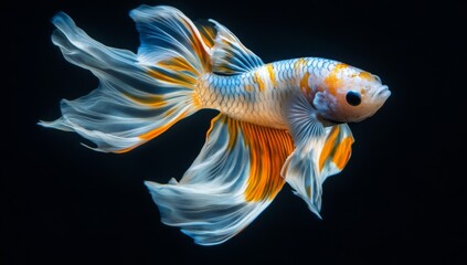 Fototapeta premium A vibrant orange, white, and blue Siamese fighting fish swims against a black background. Its fins are flowing, creating a sense of movement and energy.