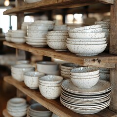 Beautiful speckled ceramic dinnerware displayed on wooden shelves in a warm, inviting setting.