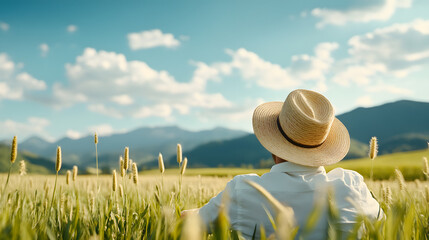 Fototapeta premium abstract concept of relaxation, man sitting on paddy field during vacation