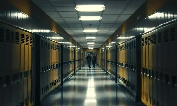 Empty school hallway with rows of lockers