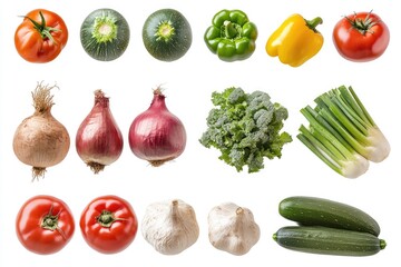 Fresh produce: A collection of vegetables set against a white backdrop, showcasing a diverse range of vegetables in various forms and colors, emphasizing their freshness and natural appeal.