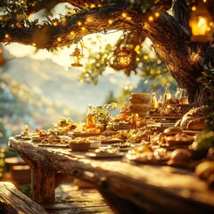 A rustic outdoor feast illuminated by warm lanterns, featuring a variety of delicious dishes amidst nature's beauty.