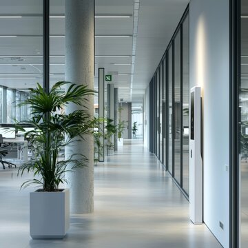 Modern office corridor featuring sleek design, glass walls, and a vibrant indoor plant, creating a bright atmosphere.
