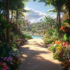 Fototapeta premium A vibrant tropical pathway leads to a serene pool amidst lush greenery and colorful flowers, creating a peaceful escape.