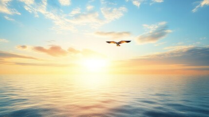 a colorful bird flying over a calm ocean