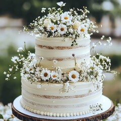 Fototapeta premium Elegant two-tiered wedding cake adorned with fresh flowers, featuring delicate white daisies and baby�s breath.