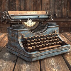Vintage blue typewriter with a rustic finish, set on a wooden table, evoking nostalgia and creativity.