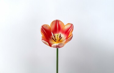 Fototapeta premium Single red tulip with a yellow center against a white background.