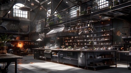 Fototapeta premium Industrial Kitchen with Black Cabinets and Stainless Steel Appliances