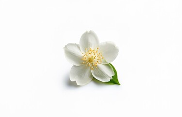 Obraz premium A single white flower with a yellow center and a green leaf is on a white background.
