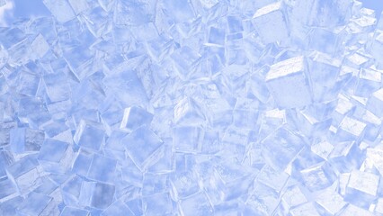 A large amount of transparent sky bluish ice cubes with many tiny water drops on this surface, created in 3D photorealistic modeling, fills the entire screen with reflects and caustics effects.