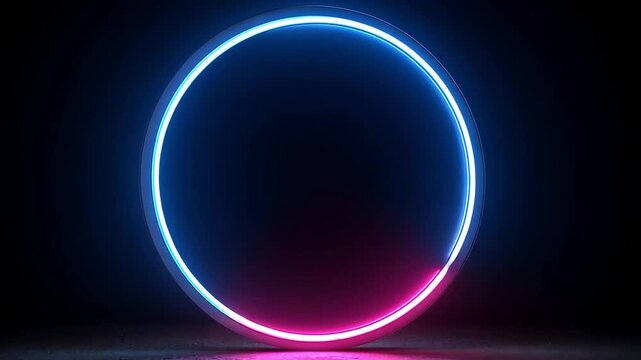 A neon circle light with a pink glow on one half and a blue glow on the other half, on a dark background.