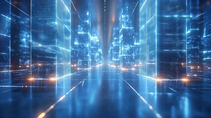 A 3D illustration of a futuristic street or datacenter, with fractal digital art showing glass blocks and light effects for a tech or sci-fi theme.