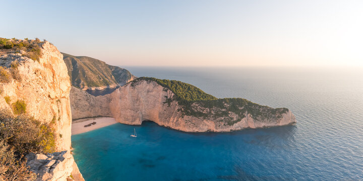 Panoramic sunset on shipwreck beach and sea, Zakynthos, Greece