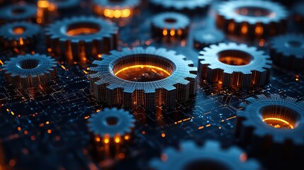 A 3D image of polygonal wireframe gears on a dark blue background, symbolizing industry development and mechanical engineering.
