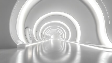 Obraz premium A 3D light room with a white background, designed as an abstract space or tunnel for technology displays, emphasizing modern interior elements.
