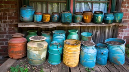 Fototapeta premium Collection of Vintage Metal and Ceramic Containers