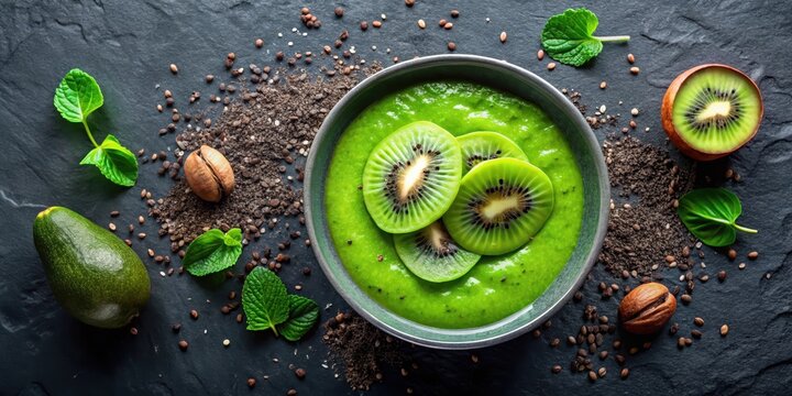 A bowl of green smoothie with kiwi slices, avocado, and mint leaves on a dark background. - Powered by Adobe