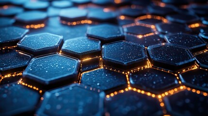 Obraz premium A 3D rendering of a futuristic honeycomb pattern with blue hexagons illustrates the intersection of technology, digital transformation, and AI evolution.