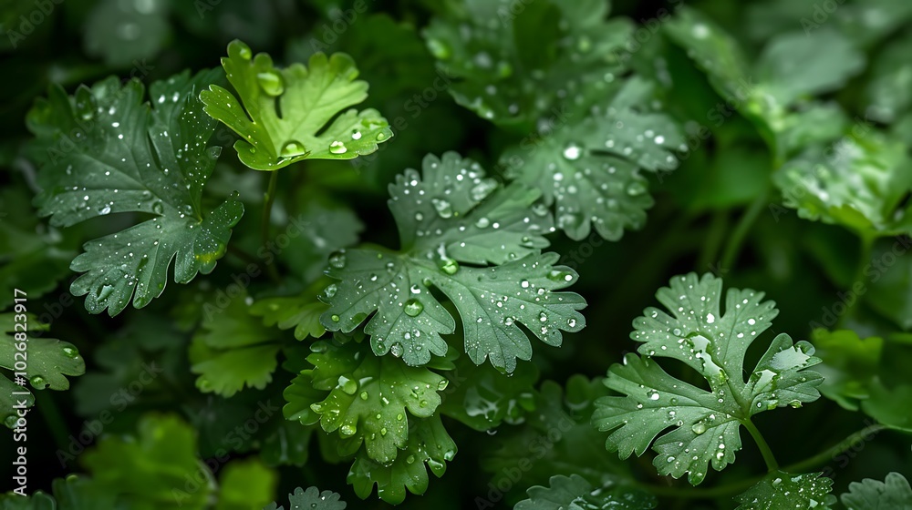 Wall mural water drips covering fresh green coriander leaves