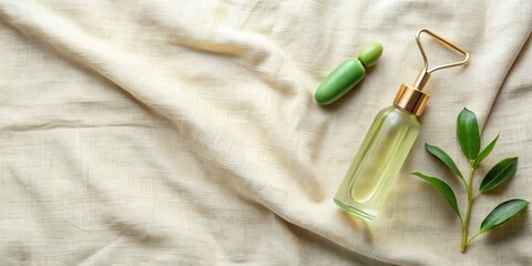A minimalist arrangement of a green glass bottle with a gold lid, a green rollerball, and a green sprig of leaves against a textured beige fabric background.